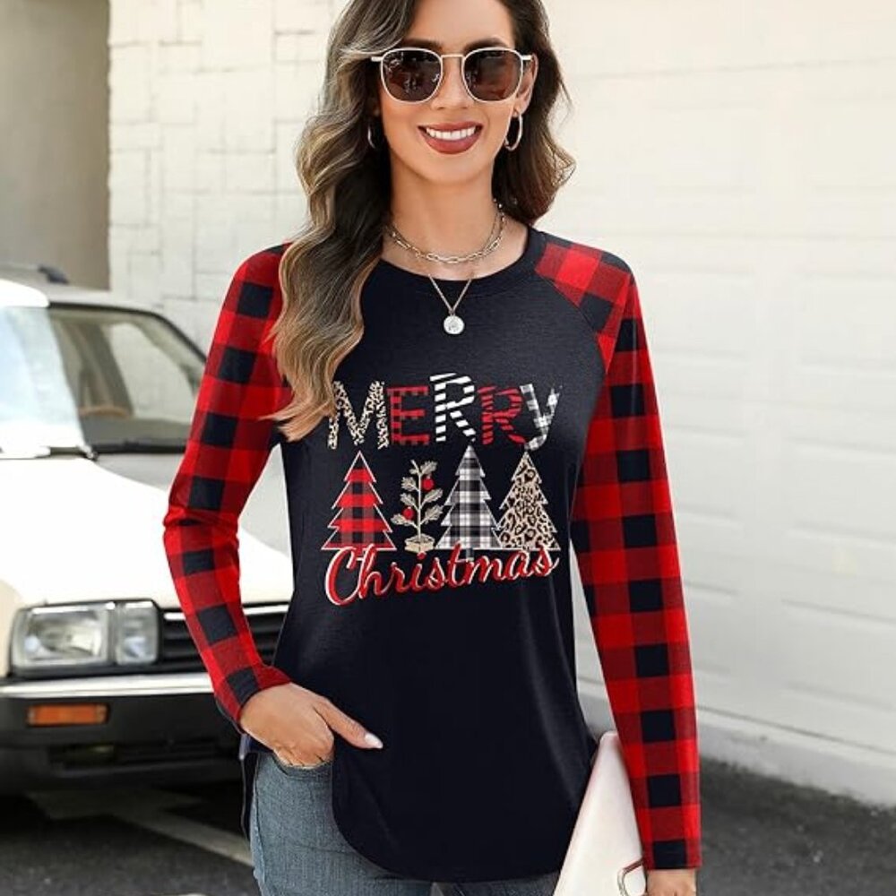 Long Sleeve Shirts for Women Crew Neck Casual Fall Fashion Blouses Red & Black